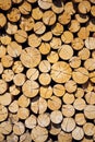 Pile of worked wooden roundish clear beautiful logs, stacked firewood Royalty Free Stock Photo
