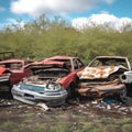 Pile of wrecked cars in a junkyard with trees in the background, depicting the end of their lifecycle. Royalty Free Stock Photo