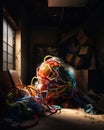 A pile of yarn sitting in a room next to a window. AI generative image.