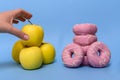 Yellow apples versus pink chocolate doughnuts