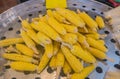 Pile yellow corn boil in the market Royalty Free Stock Photo