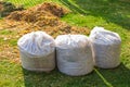 Pile of yellow and orange fallen leaves collected in big white plastic bags on green grass lawn at backyard. Autumn or spring Royalty Free Stock Photo