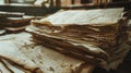 A pile of yellowed documents and files stacked on a wooden surface Royalty Free Stock Photo