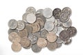 Pile of 100 yen coins japanese money on white background. Royalty Free Stock Photo