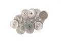 Pile of 50 yen coins japanese money on white background. Royalty Free Stock Photo