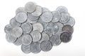 Pile of 1 yen coins japanese money on white background. Royalty Free Stock Photo