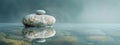 Pile of Zen stones on the water surface. The reflection of the rock is visible in the water. Concept of calm and tranquility.