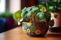 Pilea Peperomioides With Round, Flat Leaves In A Colorful, Patterned Pot In A Playful And Quirky Apartment. Generative AI