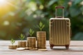 Piled gold coins next to luggage model, representing travel budgeting Royalty Free Stock Photo