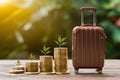 Piled gold coins next to luggage model, representing travel budgeting Royalty Free Stock Photo