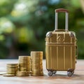 Piled gold coins next to luggage model, representing travel budgeting Royalty Free Stock Photo