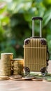 Piled gold coins next to luggage model, representing travel budgeting Royalty Free Stock Photo