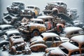 Piled old automobiles wrecking yard with rusted antique cars and trucks AI Generated Royalty Free Stock Photo