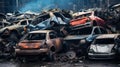 Piled wrecked cars in a junkyard, history of twisted metal, shattered glass, rusted frames