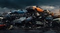 Piled wrecked cars in a junkyard, history of twisted metal, shattered glass, rusted frames