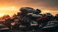 Piled wrecked cars in a junkyard, history of twisted metal, shattered glass, rusted frames