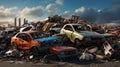 Piled wrecked cars in a junkyard, history of twisted metal, shattered glass, rusted frames