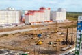 Piledrivers on construction site. pile field. Tilt-shift photo.