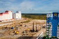 Piledrivers on construction site. pile field. Tilt-shift photo.