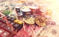 Piles of Bitcoin, other cryptocurrencies and a calculator. Fees and taxes on cryptocurrency investments. 3D renderingPiles of Royalty Free Stock Photo