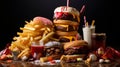 piles of burgers, fries and other junk food