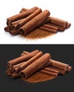 Piles of cinnamon in sticks and ground, paths Royalty Free Stock Photo