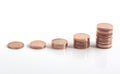 Piles of coins increasing in height Royalty Free Stock Photo