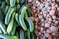 Cucumbers and Red Potatoes for Sale at a Farmers Market