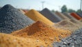 Piles of different colored sand and gravel in a construction yard. Multiple heaps of aggregate materials. Sand and gravel storage Royalty Free Stock Photo