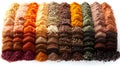 Piles of different ground spices arranged in circular pattern, showcasing vibrant colors and textures. variety of spices creates Royalty Free Stock Photo