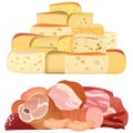 Piles of different realistic delicacy cheeses and appetizing meat on white.