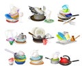 Piles of Dirty Dishes and Utensils with Plates and Cups Vector Set Royalty Free Stock Photo