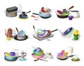 Piles of Dirty Dishes and Utensils with Plates and Cups Vector Set Royalty Free Stock Photo