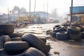 piles of discarded tires in a deserted junkyard