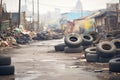 piles of discarded tires in a deserted junkyard