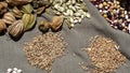 Piles of dried beans and grain and fresh fruit Royalty Free Stock Photo