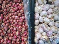 Piles of Fresh Onion Shallots and Garlic