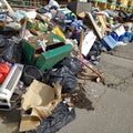 Town after flood, garbage on the street. Campi Bisenzio, Tuscany, Italy, November 15, 2023.