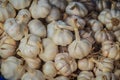Piles of garlic bulbs are in sell offer at outdoor market place. Bunch of garlic selling in the market.