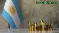 Piles of gold coins on a marble table against the background of the flag of Argentina.