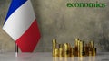 Piles of gold coins on a marble table against the background of the flag of France.