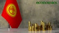 Piles of gold coins on a marble table against the background of the flag of Kyrgyzstan.