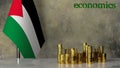 Piles of gold coins on a marble table against the background of the flag of Palestine. Royalty Free Stock Photo