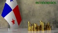 Piles of gold coins on a marble table against the background of the flag of Panama.