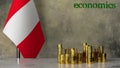 Piles of gold coins on a marble table against the background of the flag of Peru.