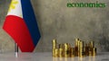 Piles of gold coins on a marble table against the background of the flag of Philippines.