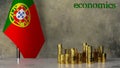 Piles of gold coins on a marble table against the background of the flag of Portugal.