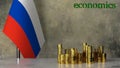 Piles of gold coins on a marble table against the background of the flag of Russia.