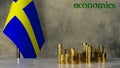 Piles of gold coins on a marble table against the background of the flag of Sweden.