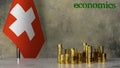 Piles of gold coins on a marble table against the background of the flag of Switzerland.